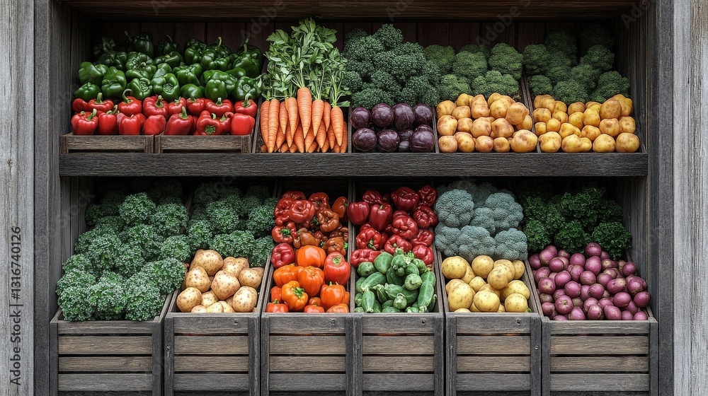 Vibrant Colorful Fresh Vegetables in Wooden Crates Vibrant Colorful Fresh Vegetables in Wooden Crates