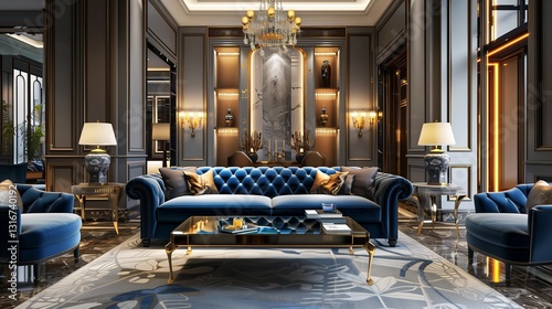 Wallpaper Mural Interior of living room with blue sofa 3d rendering / Torontodigital.ca