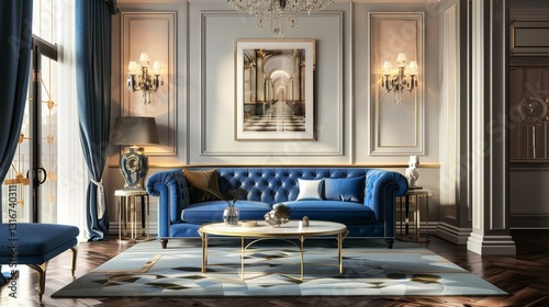 Wallpaper Mural Interior of living room with blue sofa 3d rendering / Torontodigital.ca