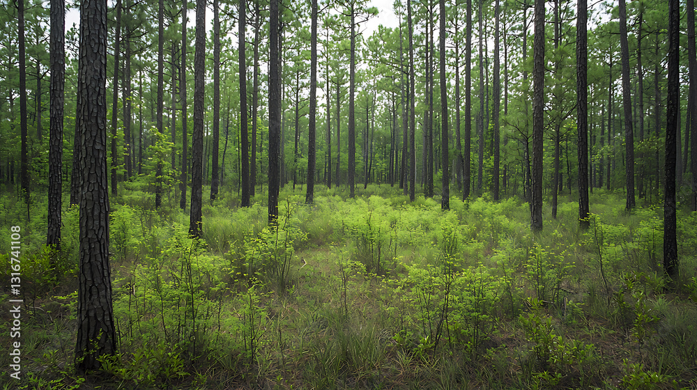 Fototapeta premium Dense pine trees rise above a vibrant verdant undergrowth in a lush forest setting creating a serene natural landscape.