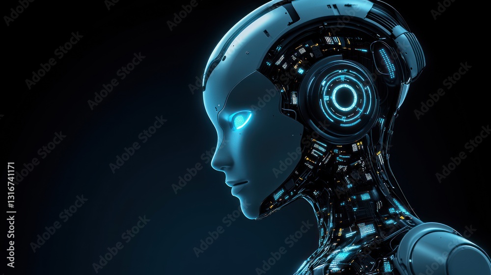 Futuristic robot head profile against dark background; thoughtful, glowing eyes Futuristic robot head profile against dark background; thoughtful, glowing eyes