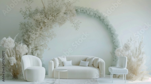 Wallpaper Mural living room interior mock up, modern furniture and decorative green arch with trendy dried flowers, white sofa and armchair, 3d render Torontodigital.ca