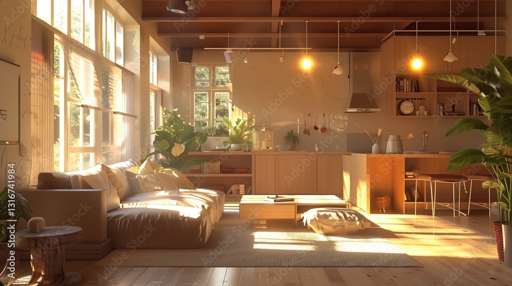 custom made wallpaper toronto digitalModern interior japandi style design livingroom. Lighting and sunny scandinavian apartment with plaster and wood. 3d render illustration.