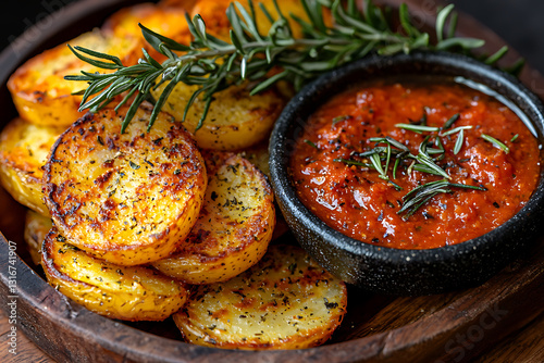 Roasted potato slices served with a savory red sauce garnished with fresh rosemary presented on a wooden platter.