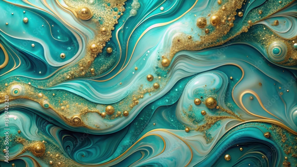 Iridescent swirls of turquoise marble blend with shimmering gold accents Iridescent swirls of turquoise marble blend with shimmering gold accents