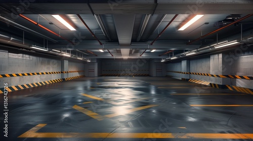 Wallpaper Mural stock photo features a dimly lit, empty concrete garage with gray walls, creating an abstract and grungy atmosphere that evokes a sense of futuristic design, industrial aesthetics, and a potential set Torontodigital.ca