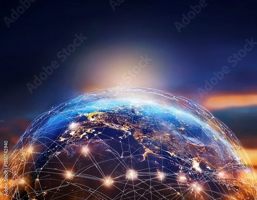 Escena que represente la globalización, como un mundo conectado con líneas de red