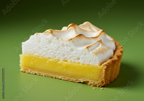 Close up of a Creamy Lemon Tart Topped with Fluffy White Meringue on Green Background