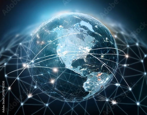 Escena que represente la globalización, como un mundo conectado con líneas de red