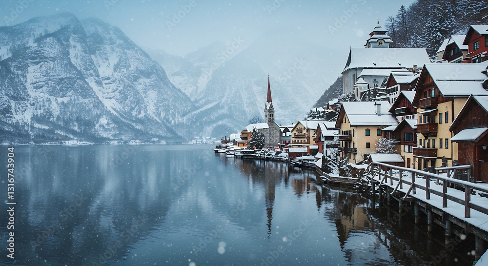 Fototapeta premium Snowy Hallstatt Austria Winter Landscape with Reflection on Lake Water