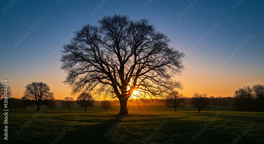 Fototapeta premium Solitary Tree Silhouette Against a Vibrant Sunset in a Green Field