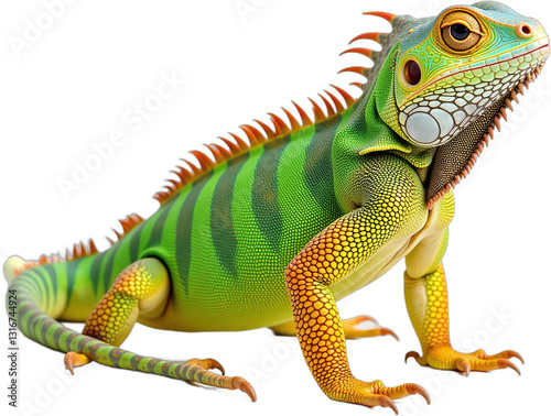 colorful iguana sits white background green body fully isolated side view png