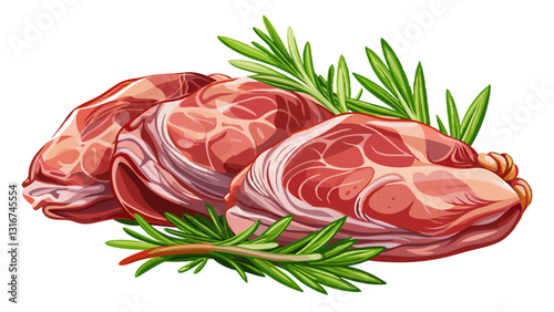 Fresh raw rabbit meat and rosemary isolated on white