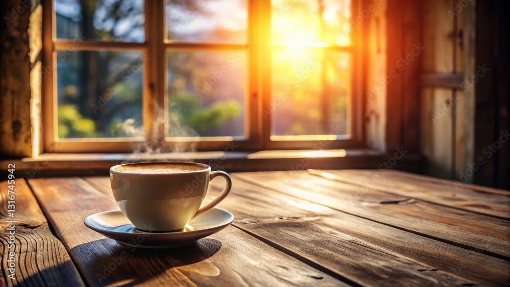 Warmly glowing cup of coffee on a rustic wooden table, surrounded by nature sounds and soft sunlight filtering through the window Warmly glowing cup of coffee on a rustic wooden table, surrounded by nature sounds and soft sunlight filtering through the window