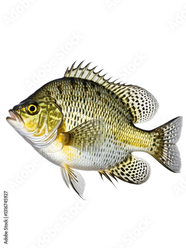 A crappie fish, isolated on a white background, medium-sized freshwater fish with mouth opened.
