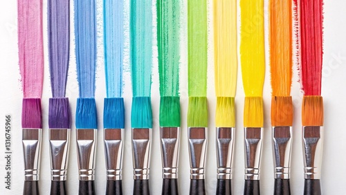 Vibrant rainbow paintbrushes, freshly used, leave streaks of color on pristine white canvas, a captivating display of artistry and creativity. photo