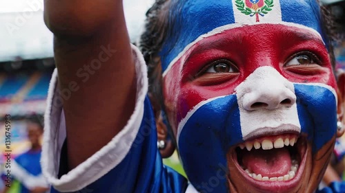 Excited Dominican Republic child with vibrant flag face paint cheering at a stadium sports event  
