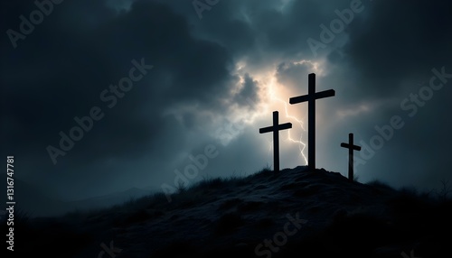 A dark, stormy sky looms over Golgotha. Three crosses stand silhouetted on the hill as lightning flashes, creating a dramatic and powerful scene of sacrifice and redemption.
