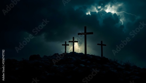 A dark, stormy sky looms over Golgotha. Three crosses stand silhouetted on the hill as lightning flashes, creating a dramatic and powerful scene of sacrifice and redemption.
