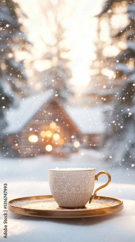 Obraz premium White cup of coffee cappuccino resting on golden tray with snowy winter cabin in christmas background during snowfall