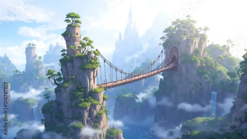 A Realm of Serenity: A breathtaking digital art landscape features a suspension bridge connecting two towering, lush, green-covered rock formations.