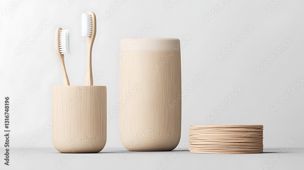 Naklejka premium Minimalist Bathroom Set: 3D Render of Sustainable Bamboo Accessories AI Generated