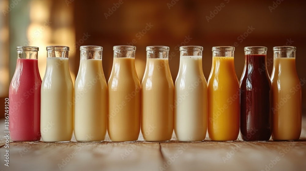 Clear bottles of several vegan milk varieties were arranged in a line. Clear bottles of several vegan milk varieties were arranged in a line.