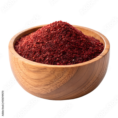 Close-up of vibrant red sumac spice in a wooden bowl, isolated on transparent background