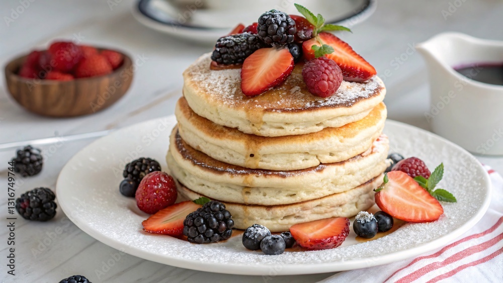 Delicious fluffy pancakes, a delightful stack topped with fresh strawberries, raspberries, blackberries, and a dusting of powdered sugar. Sweet breakfast treat! Delicious fluffy pancakes, a delightful stack topped with fresh strawberries, raspberries, blackberries, and a dusting of powdered sugar. Sweet breakfast treat!