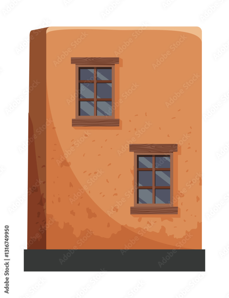Adobe house. Traditional building illustrate craftsmanship of rustic architecture. Construction with wooden elements. Vector cartoon illustration