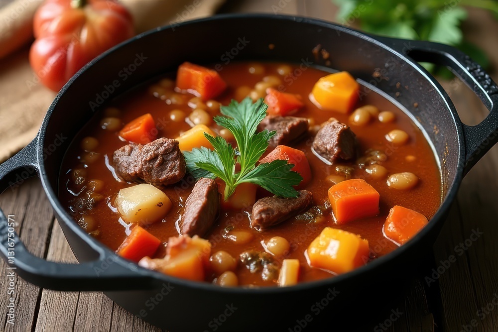 French Lamb Stew Simmering in a Cast Iron Pot French Lamb Stew Simmering in a Cast Iron Pot