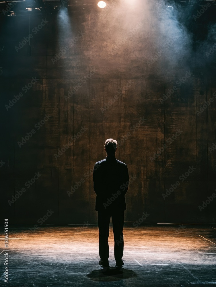 Obraz premium Silhouette of a solitary figure standing on illuminated theater stage