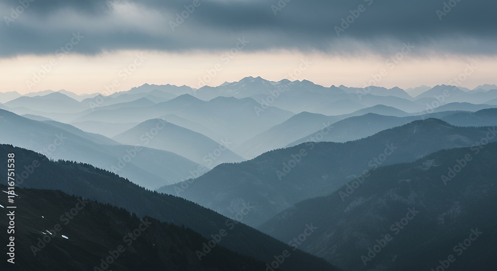 Layered Mountain Landscape with Atmospheric Haze Under Cloudy Sky Layered Mountain Landscape with Atmospheric Haze Under Cloudy Sky