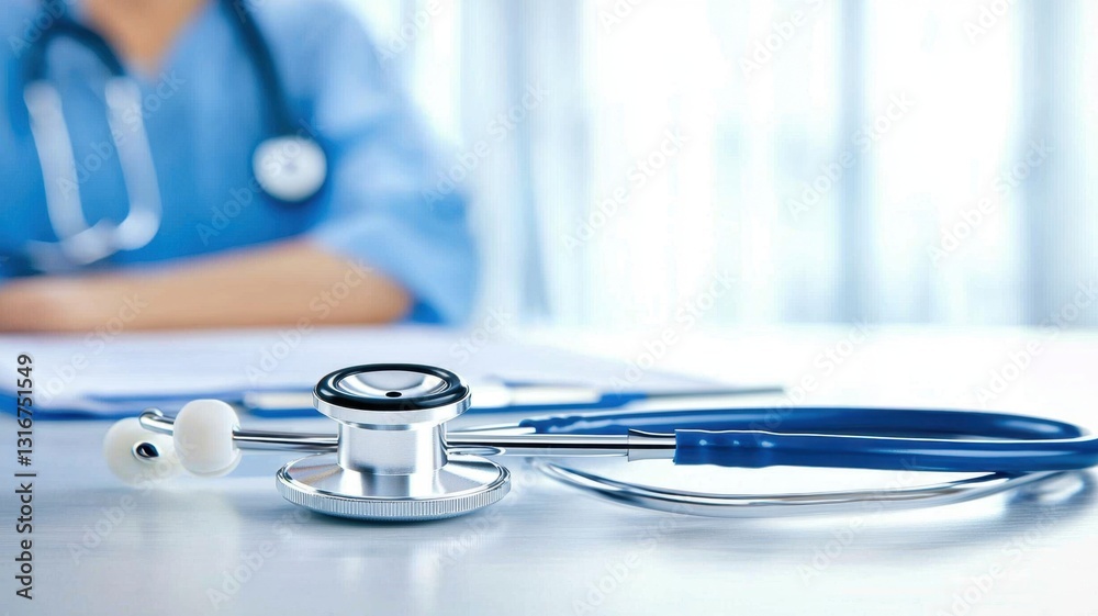 Medical instrument placed on reflective surface with physician taking notes in background, representing healthcare and healthcare treatment Copy space for text Medical instrument placed on reflective surface with physician taking notes in background, representing healthcare and healthcare treatment Copy space for text