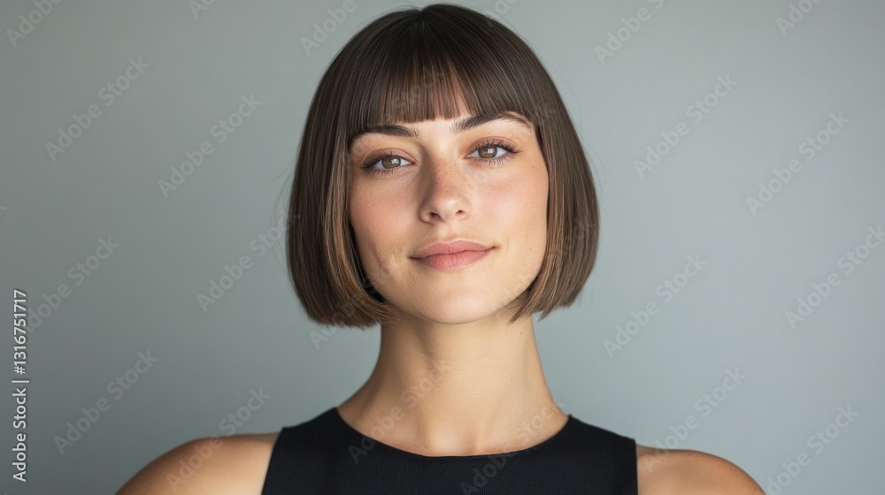 Woman with Sharp Chin Length Bob Hairstyle on Neutral Background Woman with Sharp Chin Length Bob Hairstyle on Neutral Background