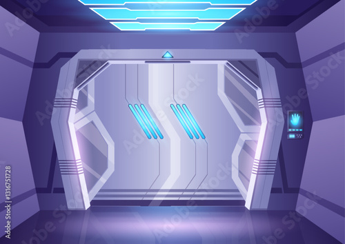 Spaceship sliding door or laboratory gate. Closed gate with illuminated entrance frame. Bunker or spacecraft exit concept for games and mobile applications spaceship