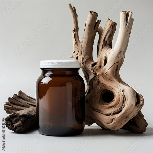 A minimalist composition consisting of a brown glass jar with a white lid and a bizarrely curved driftwood. The objects are placed on a neutral background. generative AI