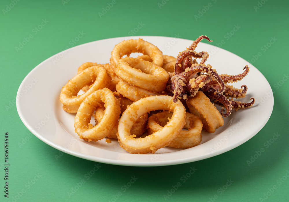Crispy Fried Squid Rings and Tentacles on White Plate Green Background Crispy Fried Squid Rings and Tentacles on White Plate Green Background