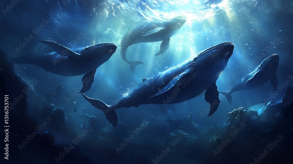 Majestic whales swim in sunlit ocean depths Majestic whales swim in sunlit ocean depths