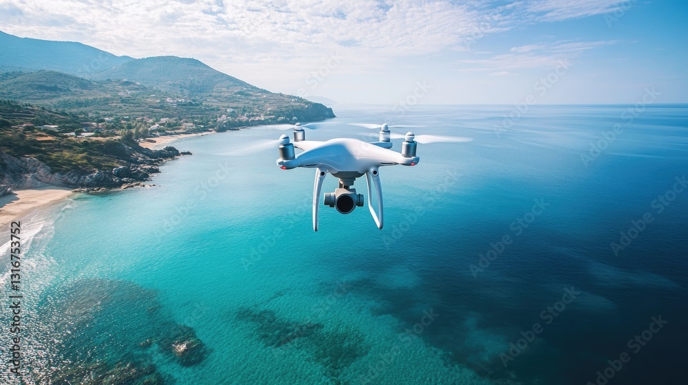 Naklejka premium Aerial perspective, Drone hovering over crystal clear turquoise sea waters