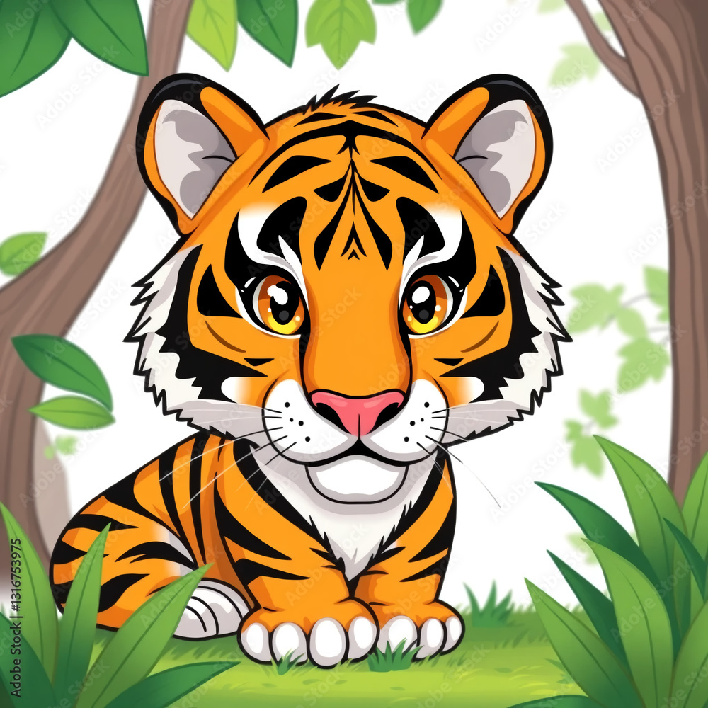 Fototapeta premium Cute Baby Tiger Cub in Jungle Setting Cartoon Illustration