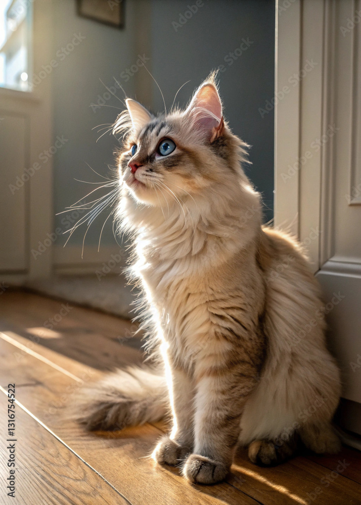 Whiskered Wonder: Captivating shot of a fluffy cat basking in a sunlit room, capturing its regal posture and mesmerizing blue eyes. Whiskered Wonder: Captivating shot of a fluffy cat basking in a sunlit room, capturing its regal posture and mesmerizing blue eyes.