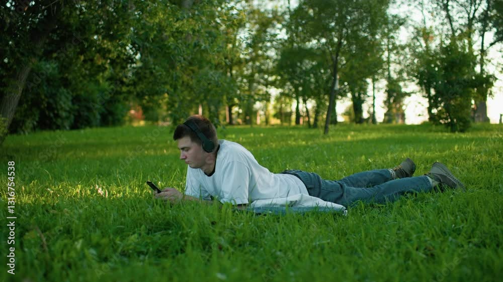 Side view of young man lying on grassy field wearing headphones, engrossed in his phone, nodding his head as he enjoys music in a peaceful park surrounded by lush green trees Side view of young man lying on grassy field wearing headphones, engrossed in his phone, nodding his head as he enjoys music in a peaceful park surrounded by lush green trees