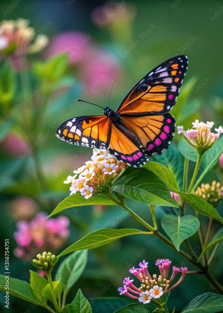 Obraz premium Vibrant Butterfly and Flowers: A beautiful butterfly with colorful wings delicately perched on a cluster of blooming flowers, showcasing nature's beauty. 