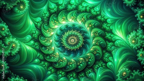 Emerald Green Fractal Swirls An Intricate and Hypnotic Spiral Design Featuring a Kaleidoscope of Deep Green Hues and Sparkling Accents.