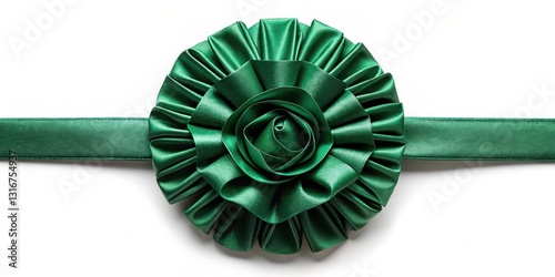 Emerald green satin ribbon rosette with central rose design, elegant and sophisticated