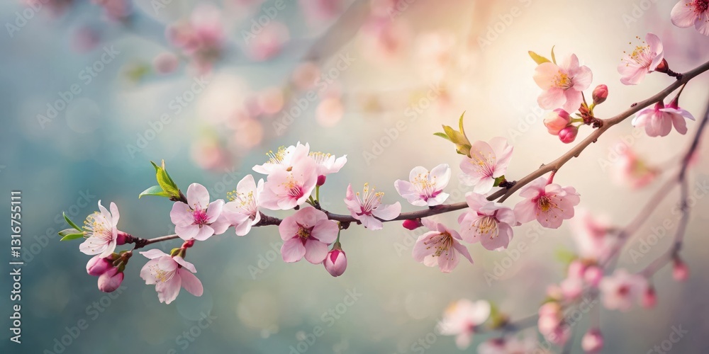 Delicate Pink Blossoms on a Branch in Soft Sunlight, a Symbol of Spring's Gentle Arrival Delicate Pink Blossoms on a Branch in Soft Sunlight, a Symbol of Spring's Gentle Arrival