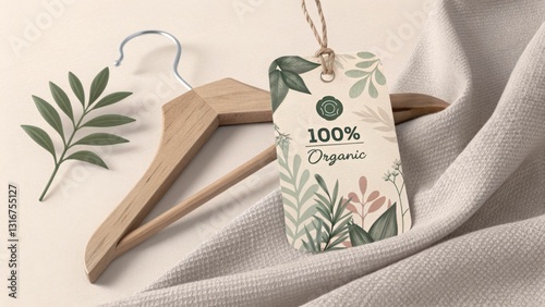 Sustainable fashion line concept, Tag showing 100% organic with leaves and a wooden hanger on a textured fabric.