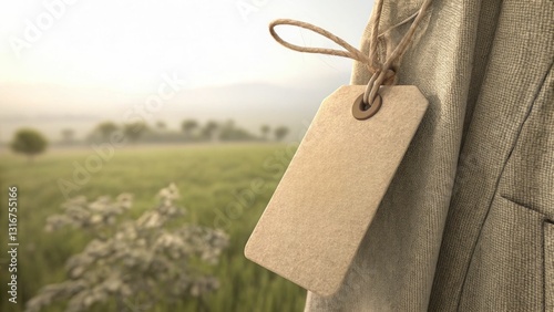 Sustainable fashion line concept, A close-up of a fabric with a blank tag in a serene outdoor field setting.