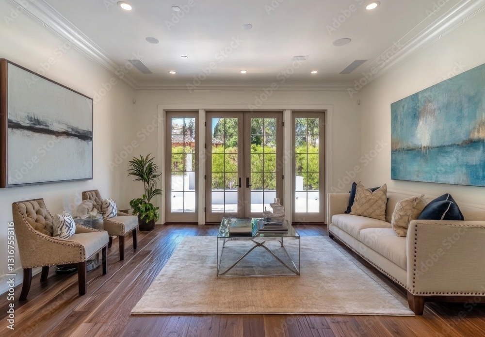 Fototapeta premium Modern living room with hardwood floors, French doors, and artwork.